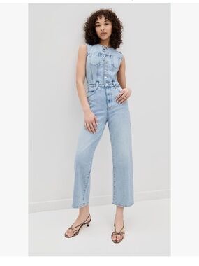 PAIGE Sleeveless Cirie Cropped Denim Jumpsuit in Mezza / Light Blue